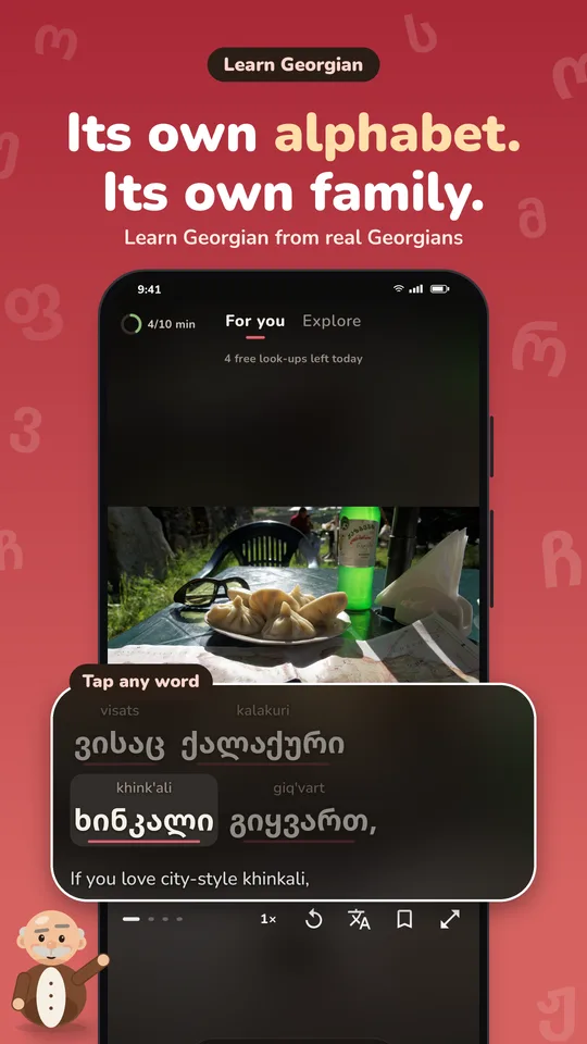 Tap any word in a real Georgian video to see what it means